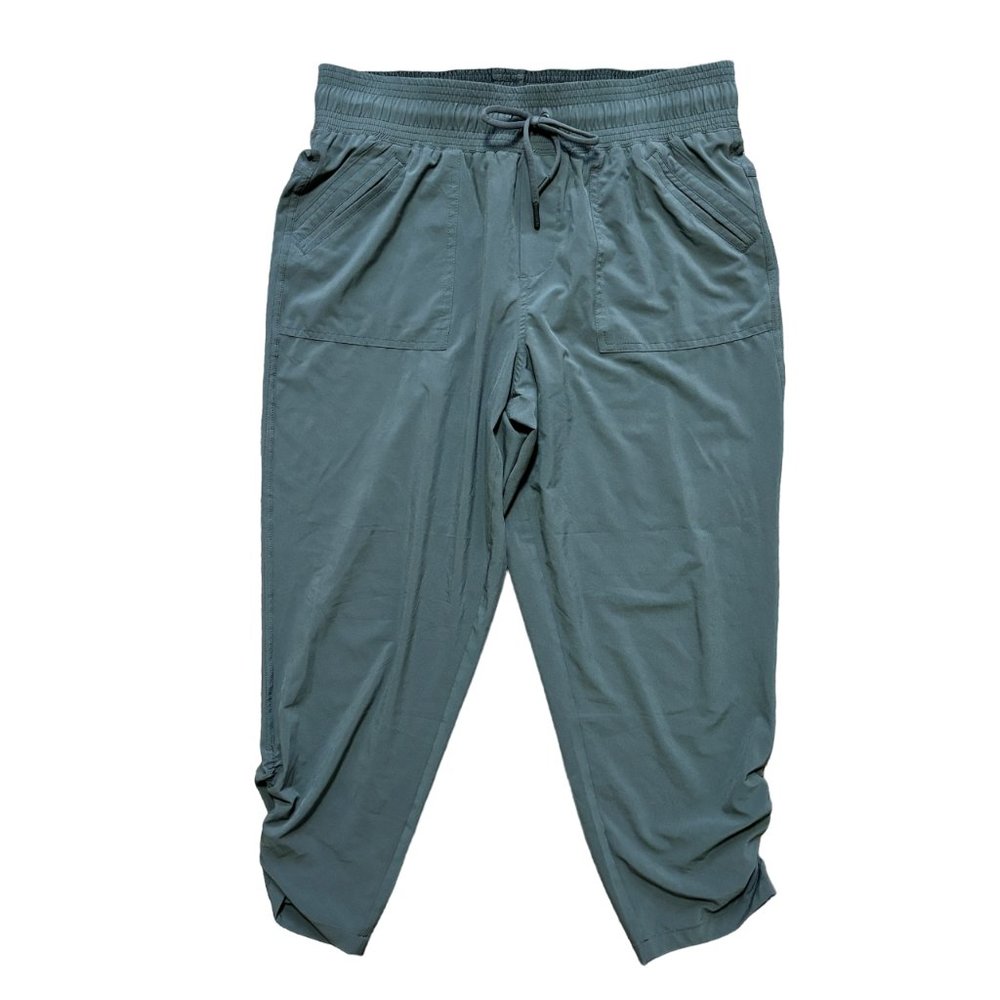 PRANA Midtown Capri Pants Pull On Jogger in Gray Ruched ankle Pockets SZ M